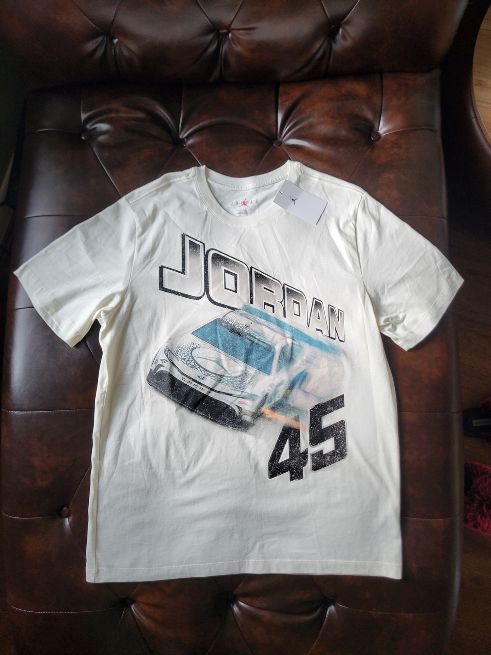 Jordan White Graphic Tee with Blue and Black Accents